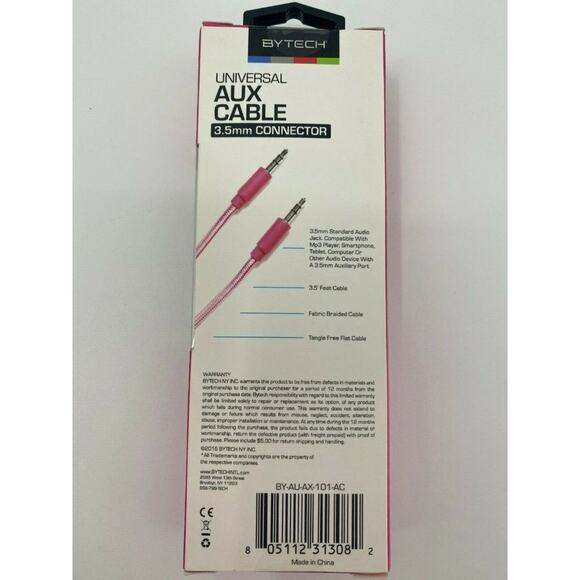 ByTech Universal Pink Aux Cable 3.5mm Connector 3.5 Feet NEW Music - Picture 6 of 8
